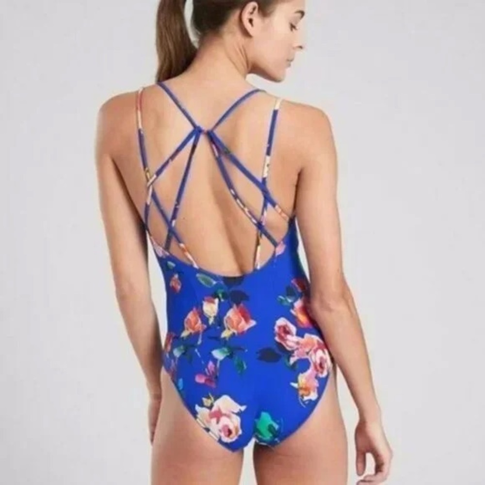 Athleta Cortes Blossom Strappy One Piece Swimsuit Blue Floral XS